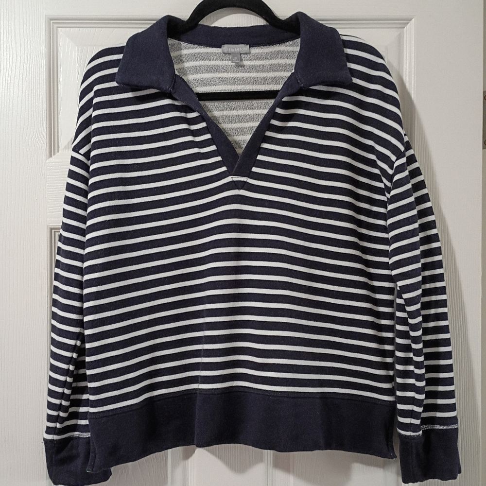 T By Talbots Navy and White  French Terry Johnny Collared Polo Striped Top - Picture 2 of 5